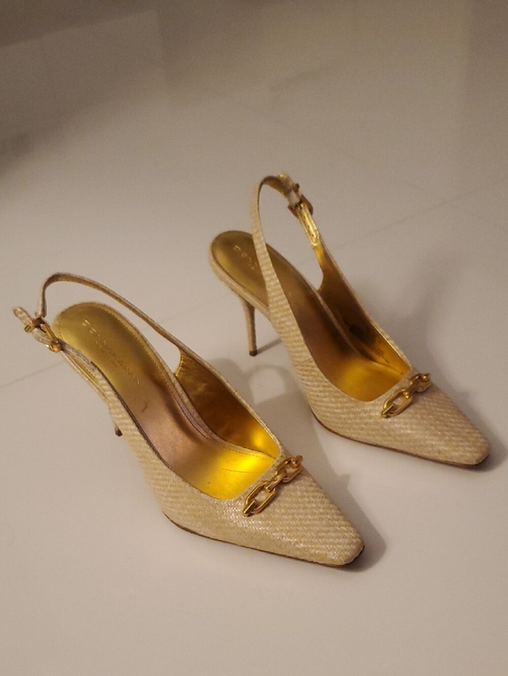 Donna Karan Beige Woven Slingback Pump with Gold Accent